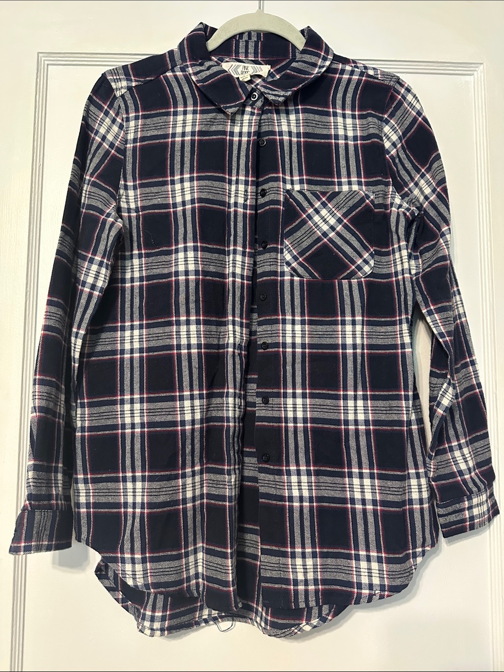 Pink Rose Navy Plaid Button-Down Shirt with Red and White Stripes